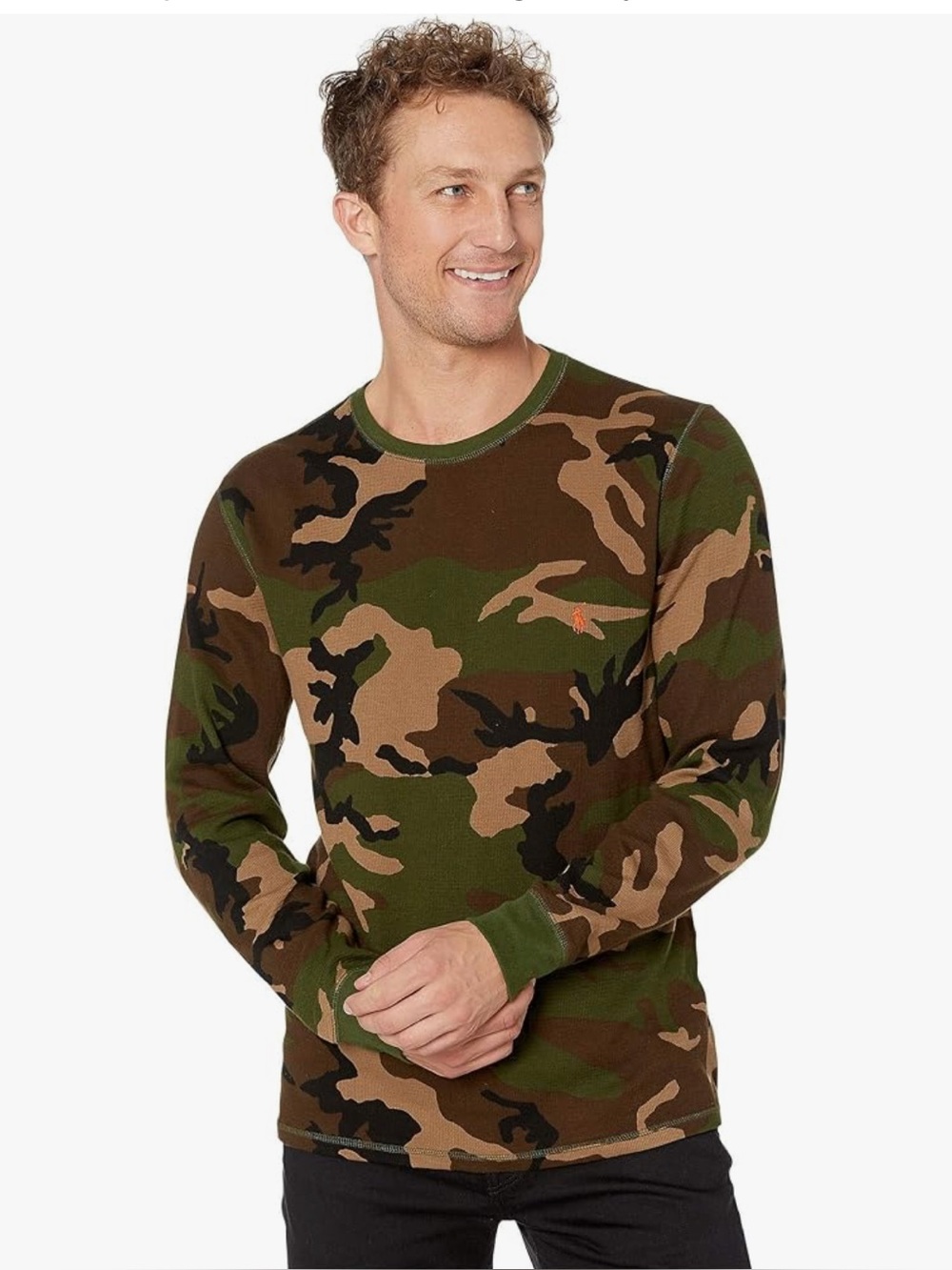 Ralph Lauren Green Camo Waffle knit Crewneck Longsleeve Blaze Orange Logo XL